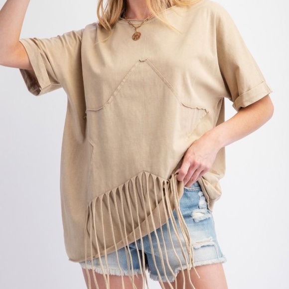 easel Tops - New Easel Star Fringed Cotton Tee Mineral Wash Cotton Shirt Top Short Sleeve